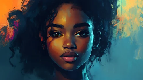 Portrait of quiet strength in glowing teal and ember light.