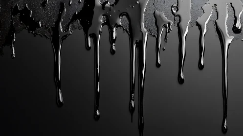 Viscous black liquid drips on matte dark surface, macro view