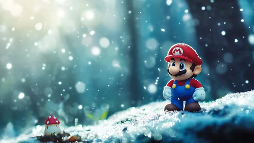 Toy plumber hero explores dreamy snowy forest glade at dawn