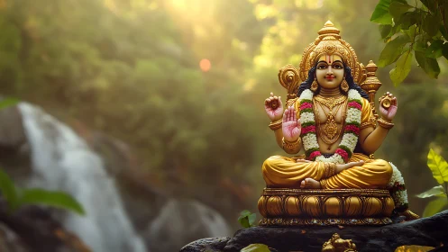Golden Hindu deity statue glows against soft forest waterfall