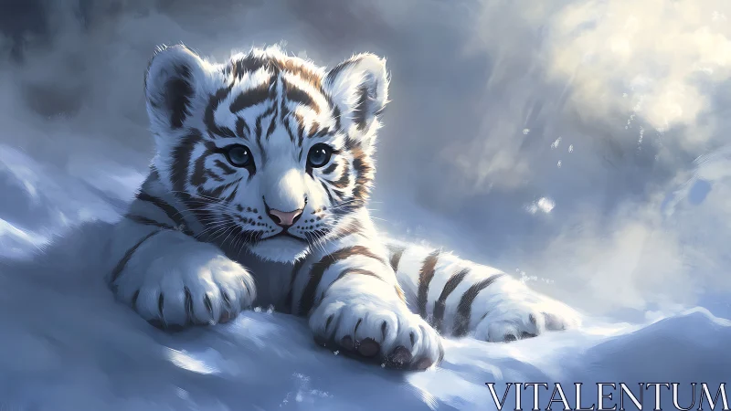 Snowlit white tiger cub rendered in soft digital brushwork.