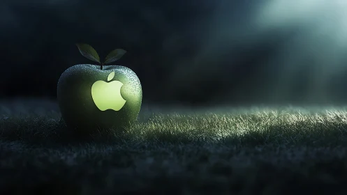 Glowing green apple logo casting soft light on dewy grass.
