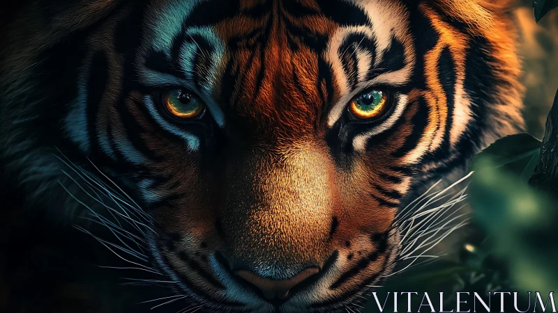 Tiger face fills frame under moody jungle light