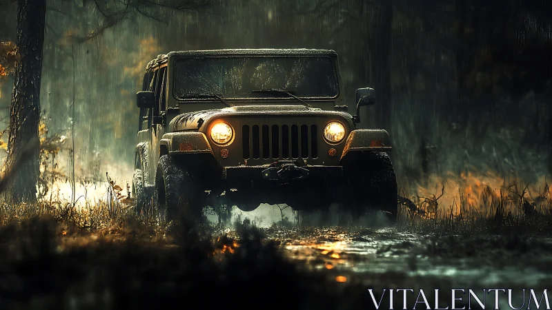 Rain-splashed off-road SUV rolls boldly through a misty forest