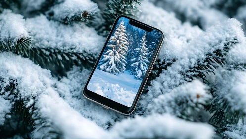 Smartphone on snow-covered fir branch displays mirrored winter forest