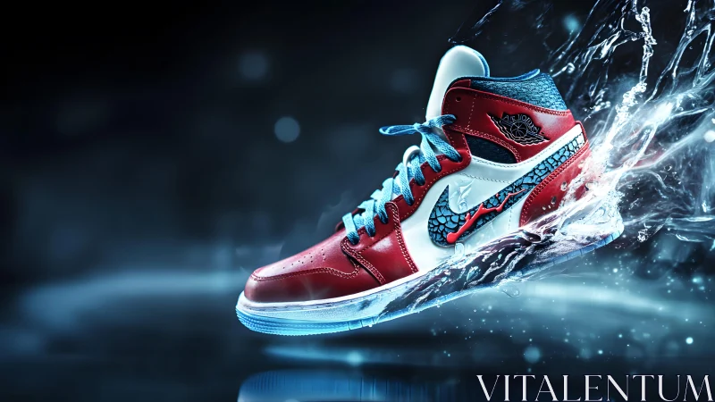 Dynamic red and blue sneaker in splash effect, digital art style.