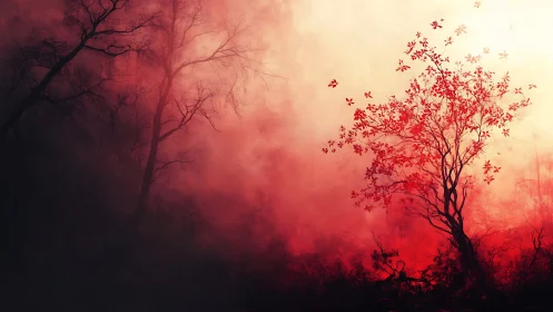 Red tree in glowing mist beside dark shadowed forest.