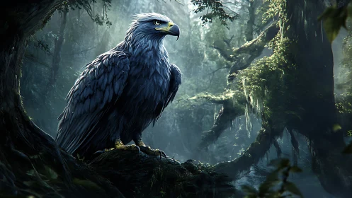 Majestic Eagle in Misty Enchanted Forest, Digital Fantasy Art.