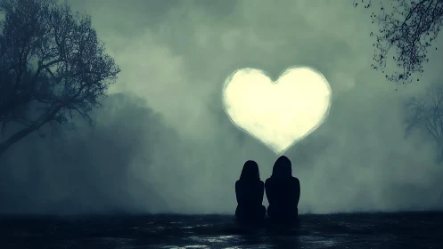 Two Silhouettes Beneath Luminous Heart Sky.
