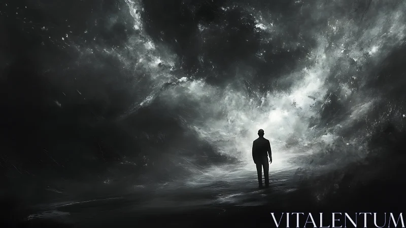 Solitary figure beneath swirling monochrome cosmic storm.