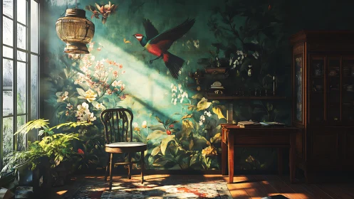 Sunlit study corner where a painted bird nearly takes flight.