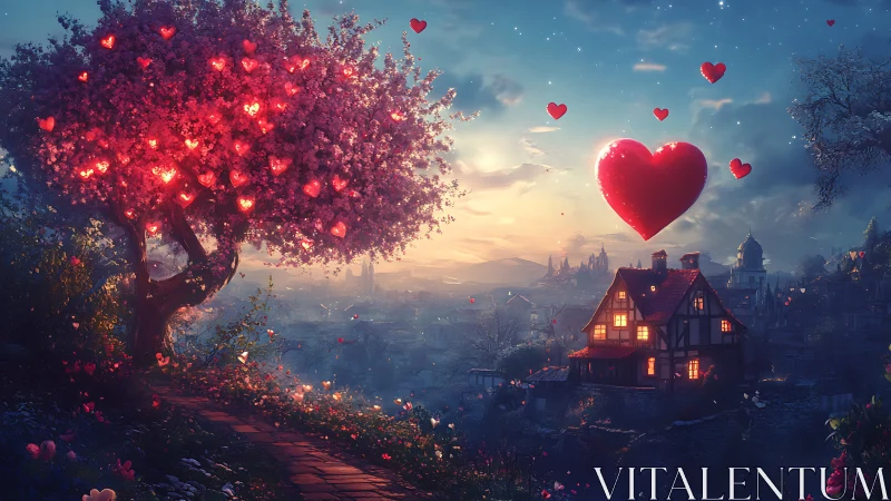 Luminescent Heart Tree at Twilight: Digital Fantasy Landscape with Architectural Elements