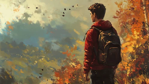 Backpacker overlooking misty autumn valley at sunrise.