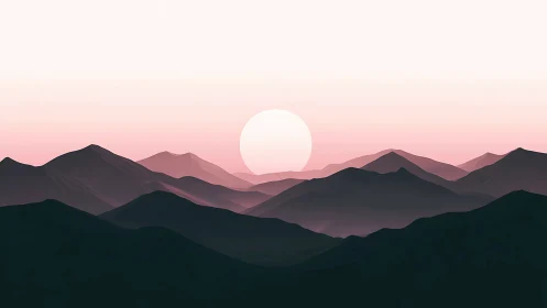 Minimal mountainscape frames soft pastel sun at dawn