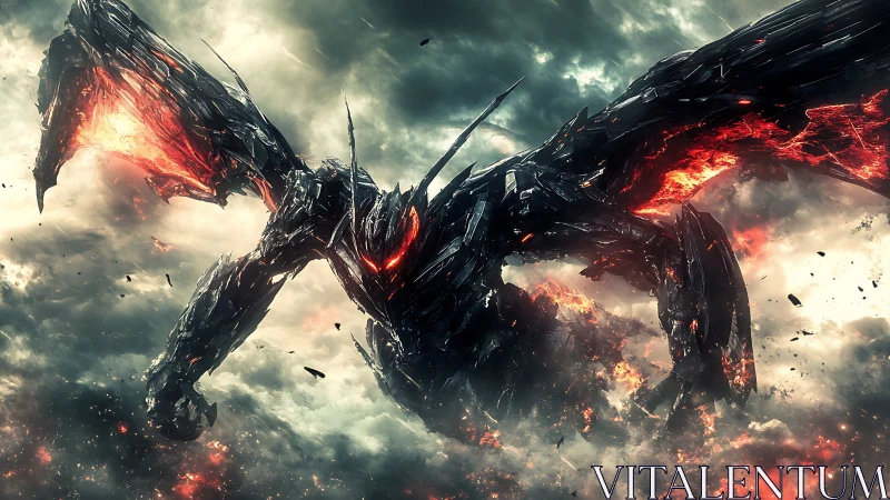 Molten-winged mechadragon claws open a storm-torn sky