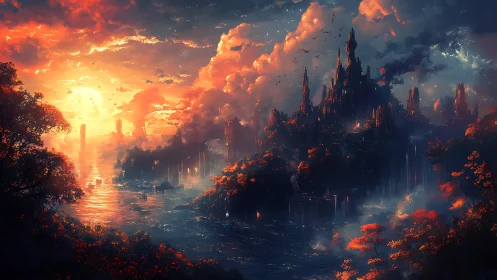 Luminescent river citadel under volumetric sunset atmosphere.