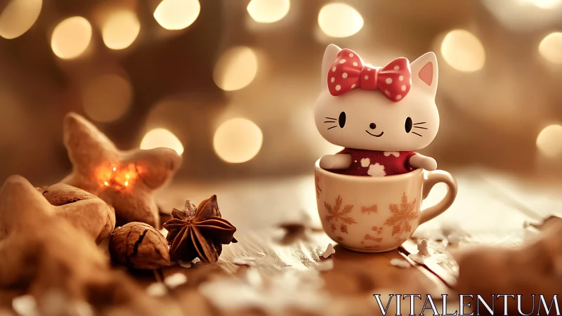 Polymer cat figurine in teacup amid defocused bokeh field.