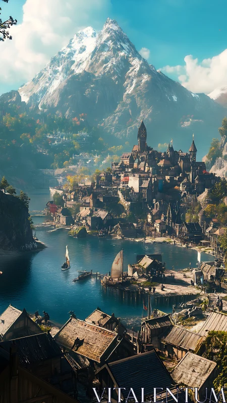 Medieval castle settlement positioned at lake basin beneath snow-capped mountain peak.