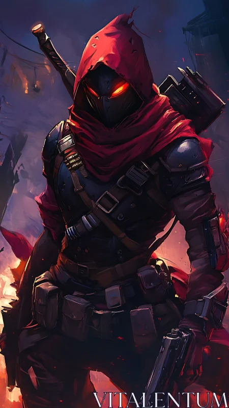 Hooded cyber mercenary with glowing eyes in burning alley.