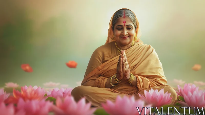Elderly Indian Woman Meditating in Lotus Garden, Serene Art Style.