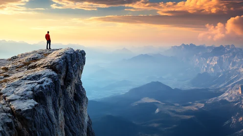 Photorealistic alpine vista with solitary figure on cliff edge.