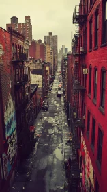 Narrow urban alleyway with wet asphalt and dense fire-escape geometry