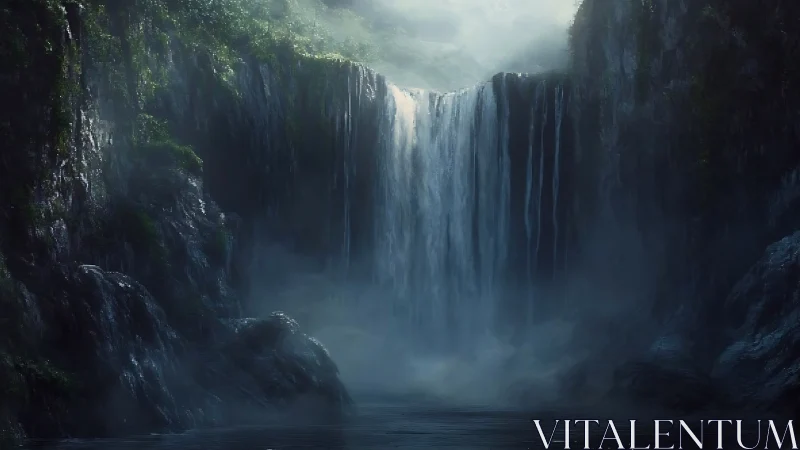 Misty vertical waterfall amid steep rock walls at dusk.