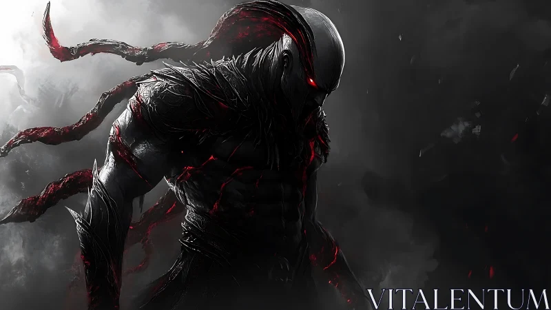 Shadowborn titan with ember eyes in swirling dark mist.