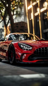 Low-angle portrait of red performance coupe on urban street
