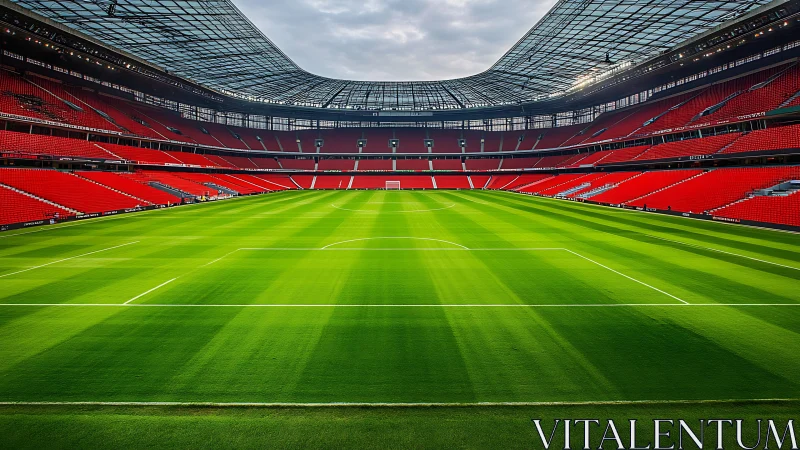 Modern enclosed football stadium with empty red seating.