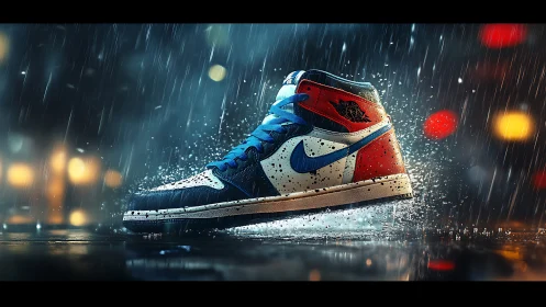 Bold sneaker strides through neon rain in a lively city night