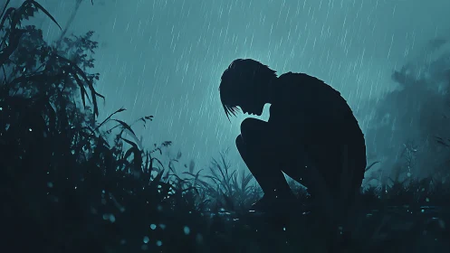 Silhouetted figure crouching in rain with cyan backlight glow.