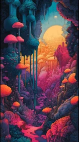 Neon mushroom canyon under a molten candy sunrise dream.