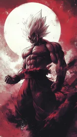 Muscular anime warrior stands before bright full moon