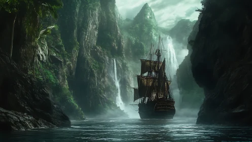 Pirate Ship in Misty Fjord with Waterfalls.