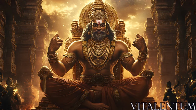 Regal four-armed deity enthroned in golden temple fireglow