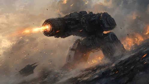 Armored quadruped siege mech discharging plasma salvo in warzone