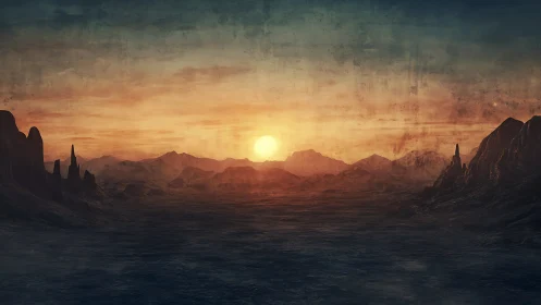 Desolate alien valley under burning sunset sky glow.