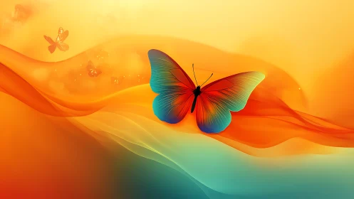 Radiant butterfly gliding through molten sunset waves.