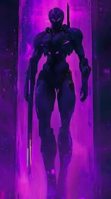 Neon-armored cybernetic sentinel in violet stasis field.