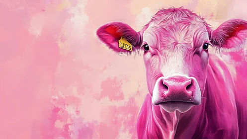 Vibrant pink cow portrait against textured pastel background.