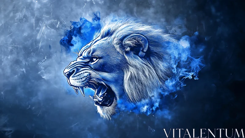 Blue spectral lion roars through swirling digital smoke.