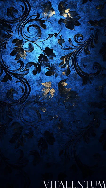Dark blue floral wallpaper with gold ornamental swirls.