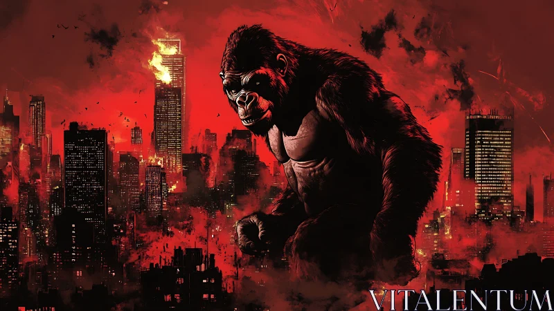 Towering gorilla strides through a blazing red city skyline