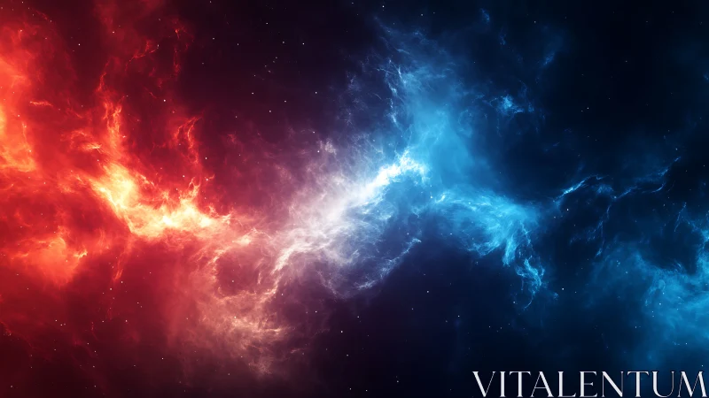 Cosmic red and blue nebula stream in vivid contrast.