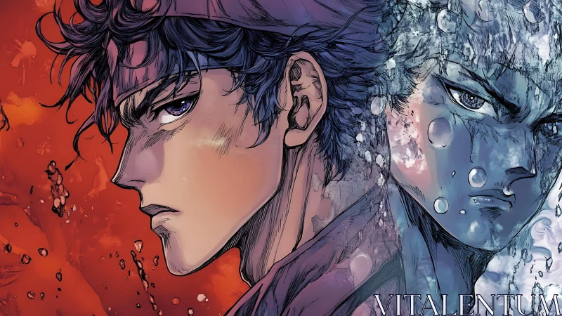 Dual anime warrior faces merge fire and water elements.