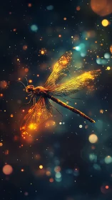 Luminous dragonfly drifting through bokeh-lit twilight sky.