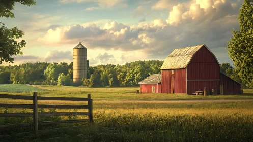 Golden evening light bathes a rustic red barn and silo.