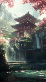 Mountain temple rises over tranquil koi pond and waterfalls.