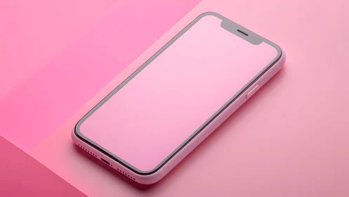 Modern smartphone with pink case on pastel pink background, minimal style.
